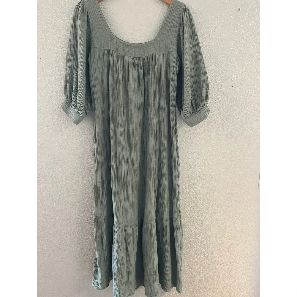 Christy Dawn Bianca Organic Cotton Gauze Midi Dress Sage Green Tiered S - Picture 5 of 9